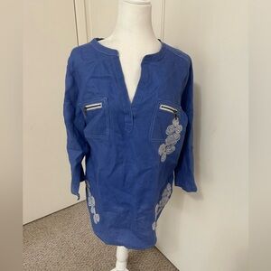 Multiples women’s Blue 100% Linen Embroidered Floral Roll Sleeve tunic sz M